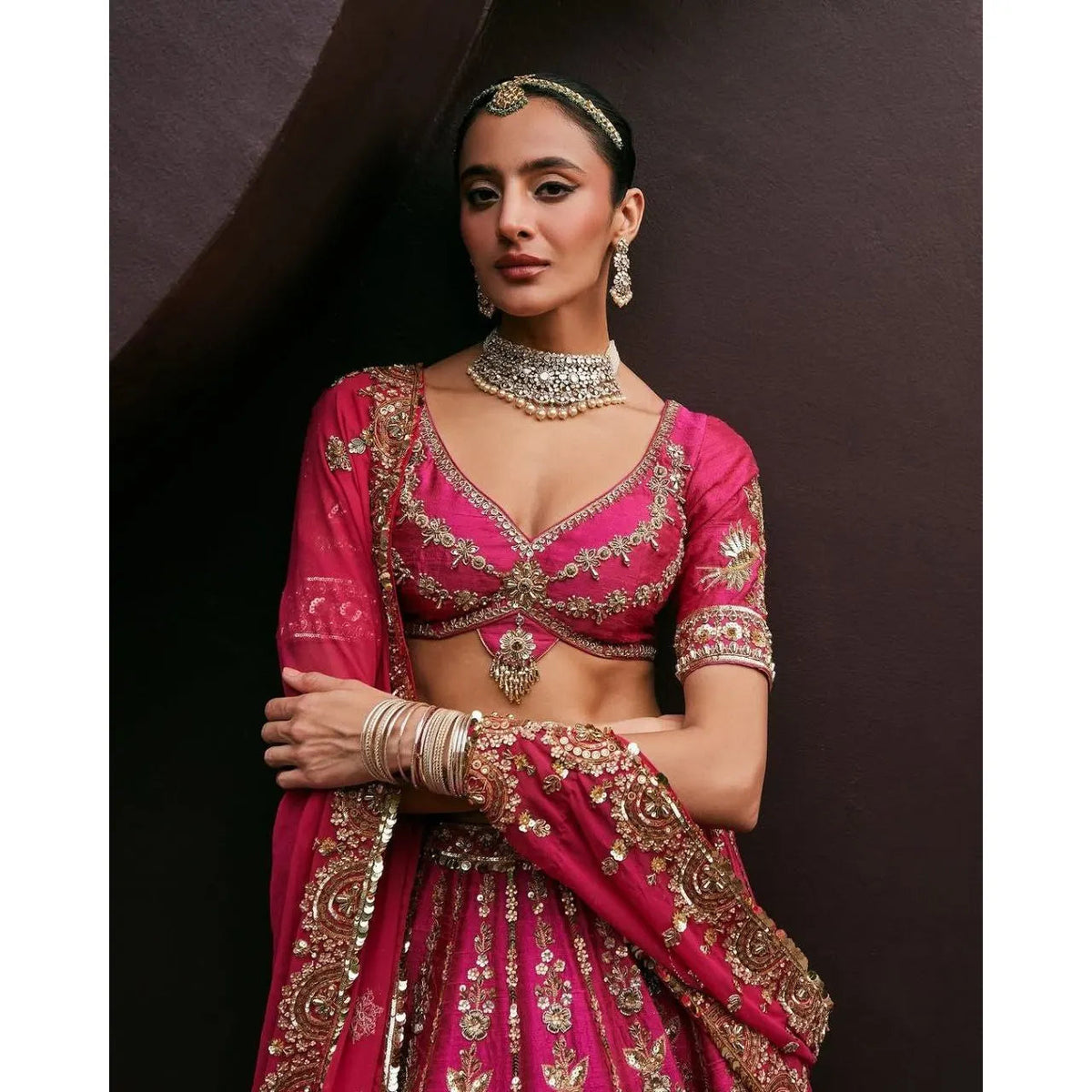 Most Trending Beautiful Bridal Lehenga Choli Veil Collection in Dark-Pink Size M by Heera Creation for Brides Good Vibrations
