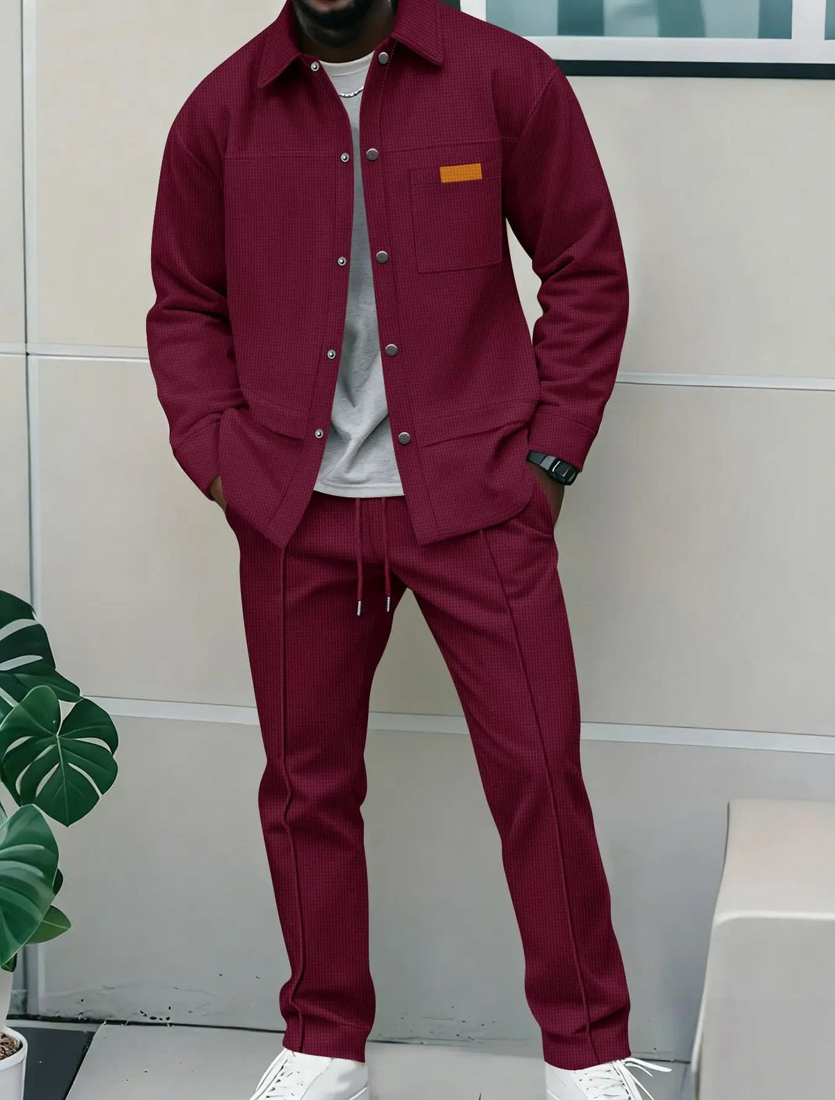 Spring and Autumn Men's High-Quality Waffle Pure Color Placket Pocket Jacket Set - A Stylish and Casual Two-Piece Outfit Good Vibrations