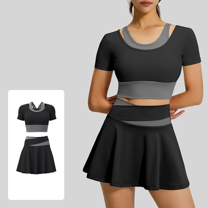 Women's Two Tone 2 Piece Yoga Set Short Sleeve Yoga Top with Bra Pads High Waist Skort with Liner Running Fitness Sportswear Good Vibrations