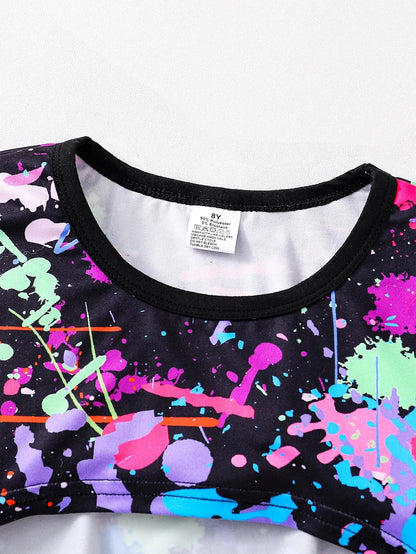 Summer fashion girls' three-piece set Fluorescent graffiti print casual loose slightly elastic comfortable suit Good Vibrations