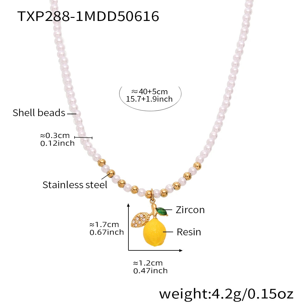 Nivora Resin Fruit Lemon Pendant Necklace For Women Imitation Pearl Stainless Steel Zircon Handmade Strand Beads Choker Jewelry Good Vibrations