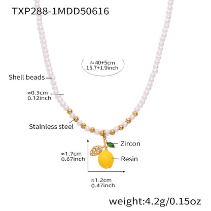 Nivora Resin Fruit Lemon Pendant Necklace For Women Imitation Pearl Stainless Steel Zircon Handmade Strand Beads Choker Jewelry Good Vibrations