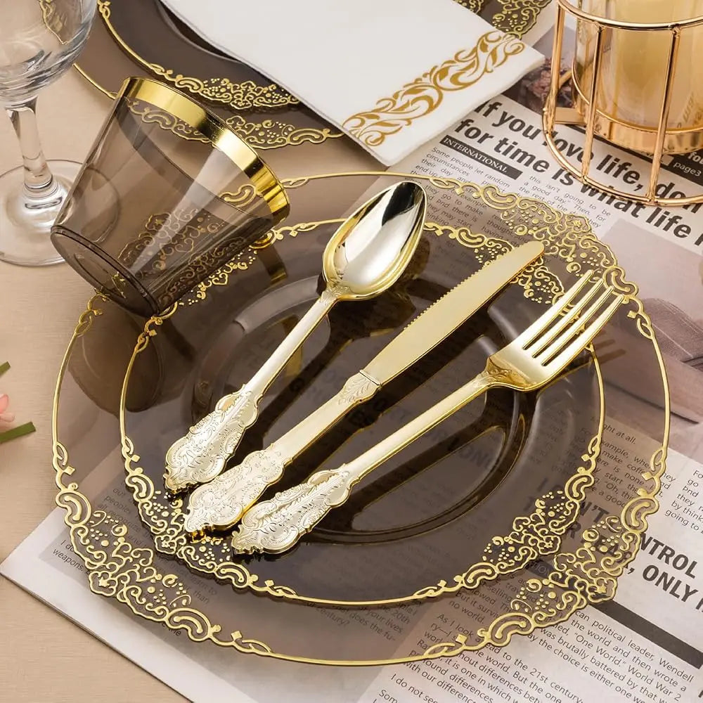 350Pcs Clear Bla Plastic Plates For 50 Guests, Disposable Plates With Gold Trim Lude 50 Dinner And Dessert Plates, 150 Gold Good Vibrations
