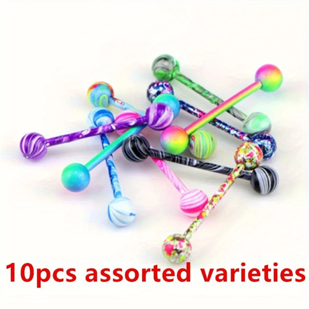 10pcs/set Tongue Rings Barbells Piercing Colorful Stainless Steel Ball Tongue Rings Barbell Bars Piercing Ring Punk For Men Wome Good Vibrations