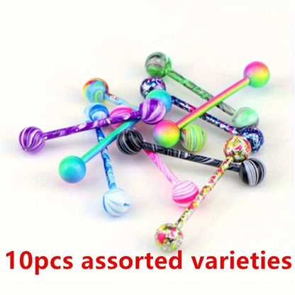10pcs/set Tongue Rings Barbells Piercing Colorful Stainless Steel Ball Tongue Rings Barbell Bars Piercing Ring Punk For Men Wome Good Vibrations
