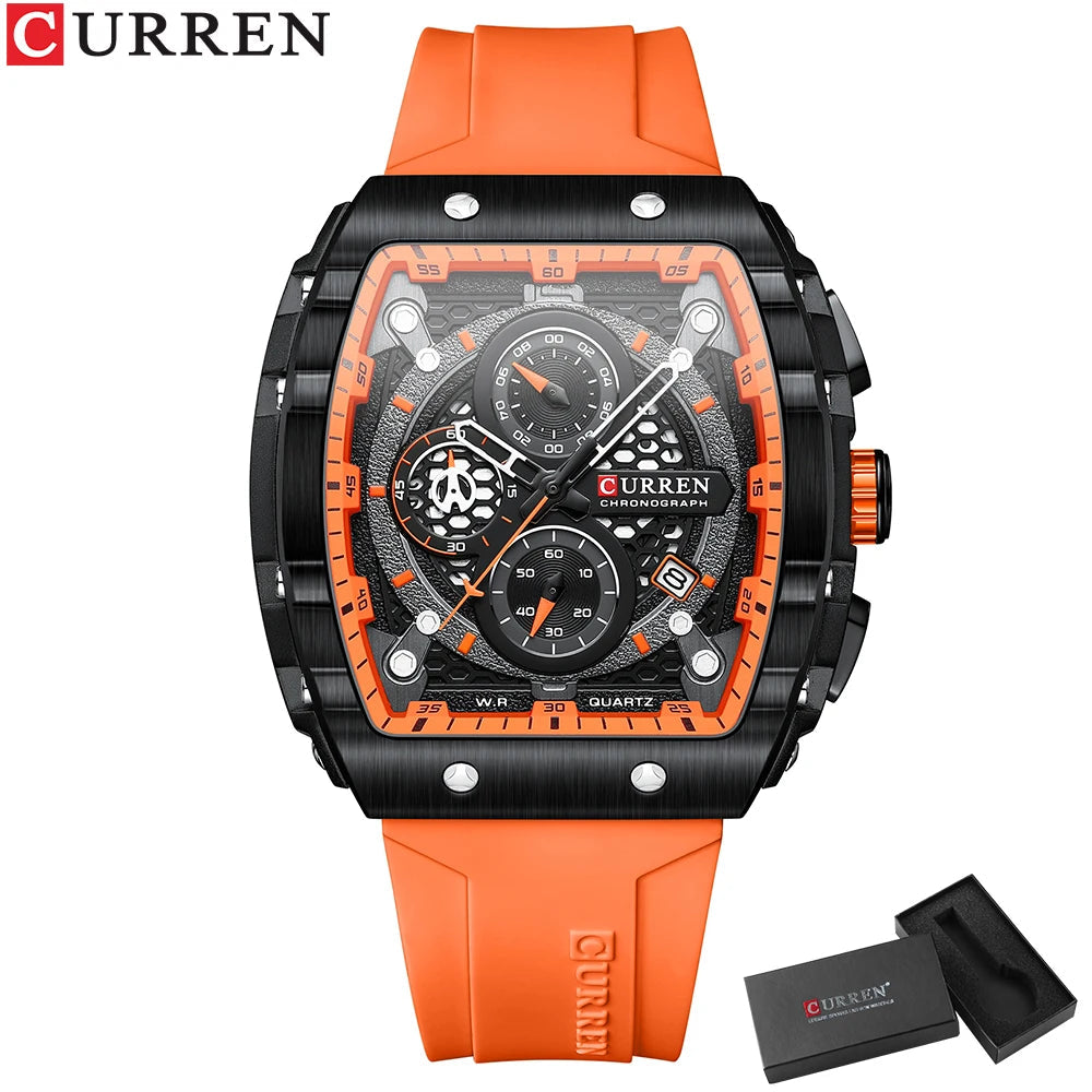 CURREN Sports Unique Rectangular Watches with Large Dial Casual Quartz Silicone Bands Wristwatches with Auto Date Good Vibrations