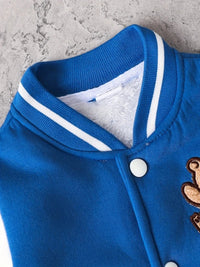 Boys' Baseball Jacket Three-Piece Set - Blue Teddy Bear Embroidered Sportswear for Toddlers, Spring/Fall Casual Outfit Good Vibrations