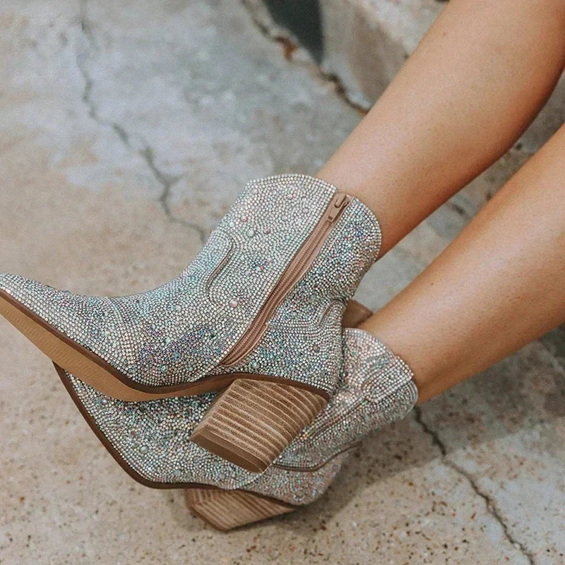 Western Cowboy Boots Fashion Women Ankle Boots Glitter Bling Shiny Trend High Heels High Quality Sexy Shoes Botas De Mujer 2024 Good Vibrations