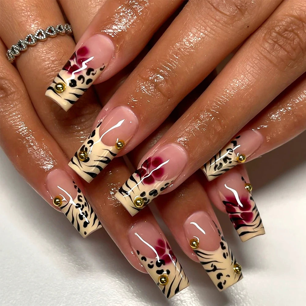Pink French Fake Nails 3D Pink Hello Kitty, Aurora Bow, Pearl Design False Nail Medium Coffin Shaped Full Cover Press On Nails Good Vibrations