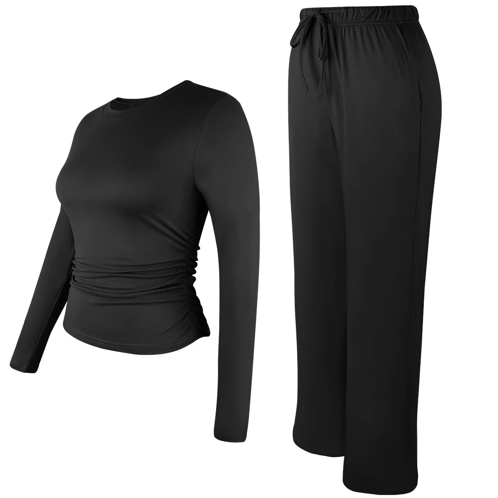 Women drawstring Set Soft Home Clothes Wide-leg Pant Long Sleeve Round Neck Top Comfortable Yoga Outfit Pullover Sleepwear 2025 Good Vibrations