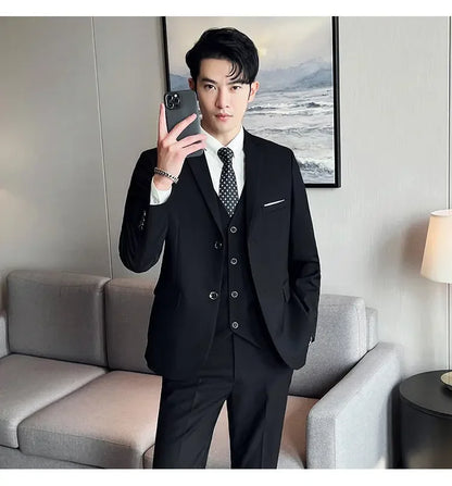 Suit (suit +Vest+Pants) Formal Business Men Four Seasons Professional Fashion Gentleman Solid Color Outdoor British Style Suit