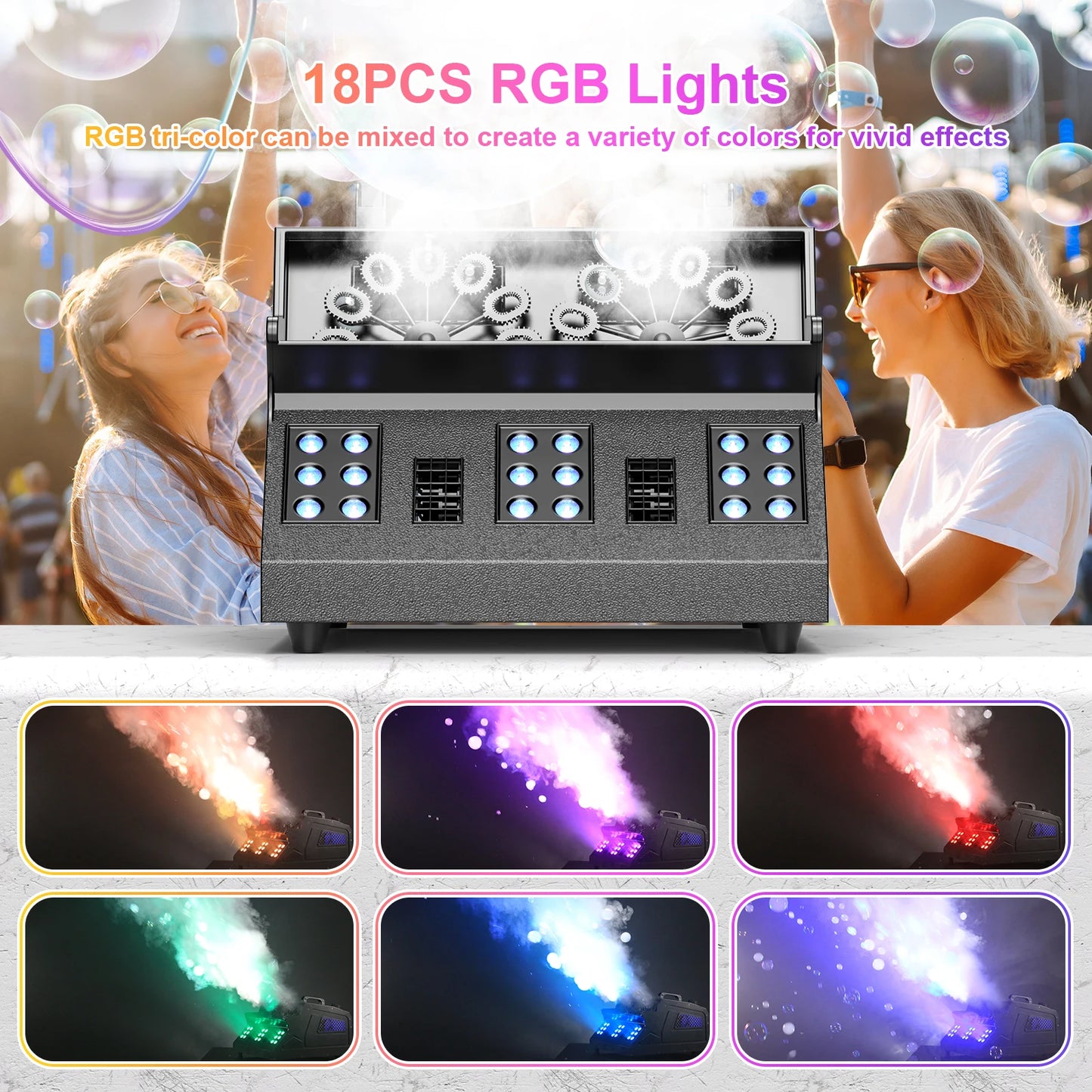 U'King 1500W Smoke Bubble Machine 8 RGB 3IN1 LED Bubble Fog Machine DMX Bubble Fogger Stage Light For DJ Halloween Party Wedding Good Vibrations