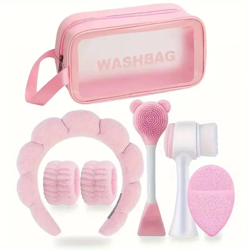 7-piece makeup and face wash beauty set, including 3 headband sets, 1 cosmetic bag, 2 face wash brushes and 1 powder puff Good Vibrations