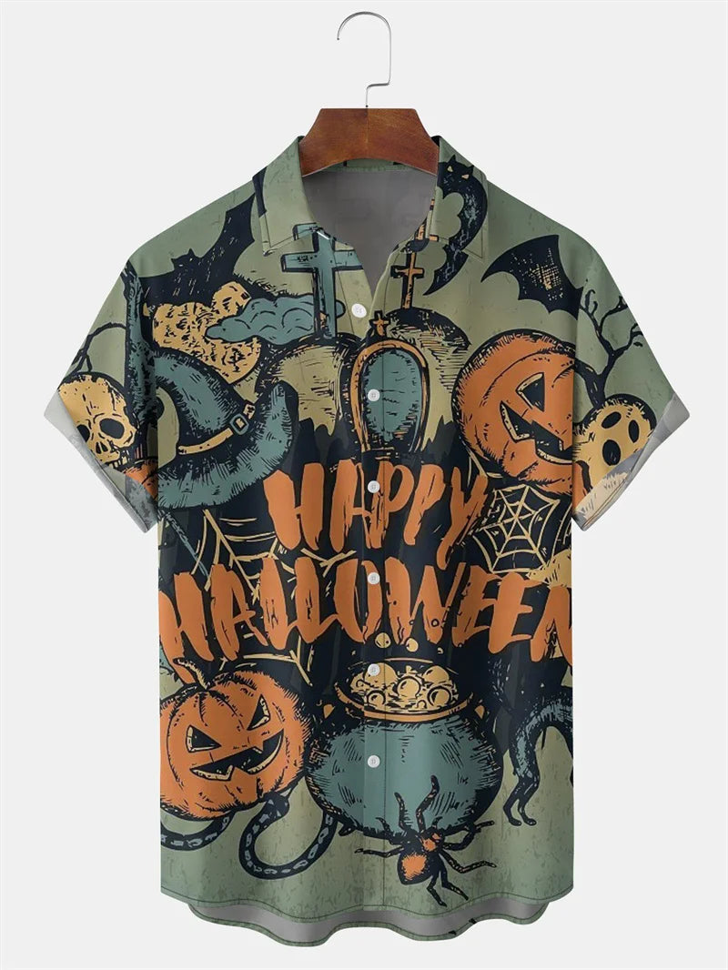 Men's Fashion Halloween Shirt Summer Cute Style Men's Clothing Party Holiday Men Top Pumpkin Head Print Boys' Short Sleeve Shirt Good Vibrations