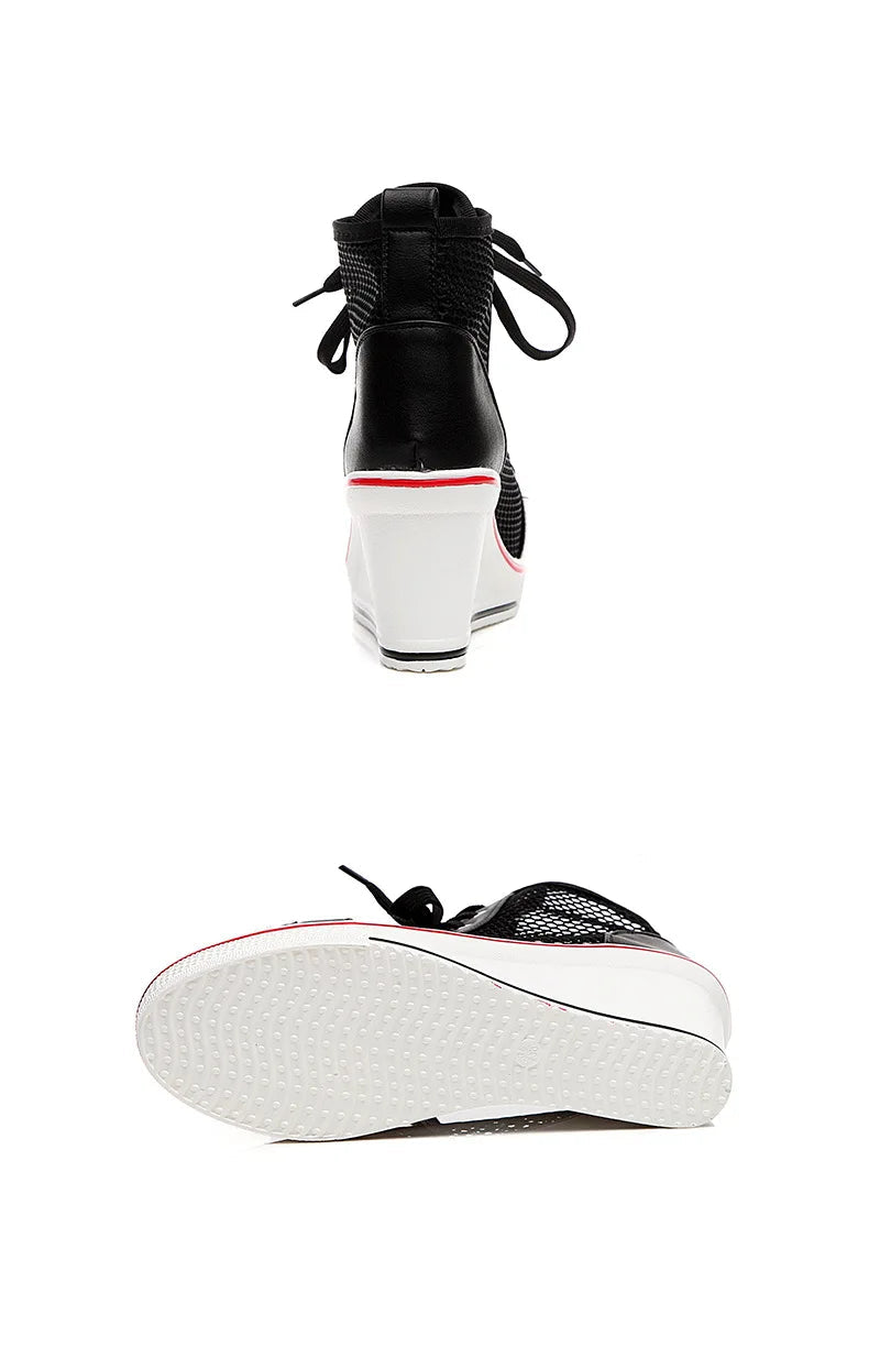 2025  Wedge Heel 8cm Height Increasing Net Shoes Thick Bottom Sandals Women's Casual Lace-up Shoes High-top Hollow Women's Shoes Good Vibrations