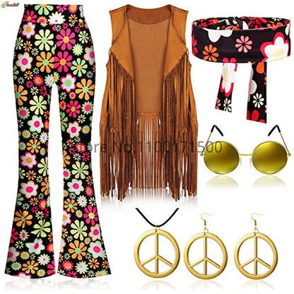 Halloween Hippie Costume Women's Set for Carnival 70s Clothing Accessories Six-Piece Set Tassel Vest+Pants+Headband Set Good Vibrations