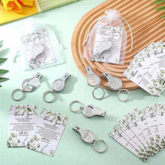 25Sets Nail Clipper Wedding Favors Brewery Cards White Organza Bags Wedding Multi Function Bottle Opener For Party Supplies Good Vibrations