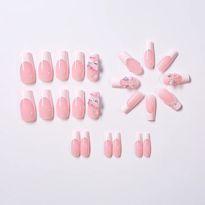 Pink French Fake Nails 3D Pink Hello Kitty, Aurora Bow, Pearl Design False Nail Medium Coffin Shaped Full Cover Press On Nails Good Vibrations