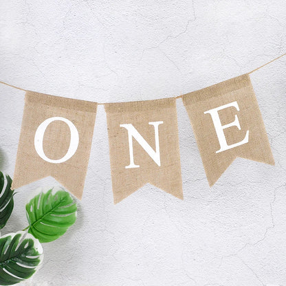 Baby First Birthday Chair Banner Burlap ONE Garland Boy Girl One Year Old Birthday Party Decoration Favors Photo Props Supplies Good Vibrations