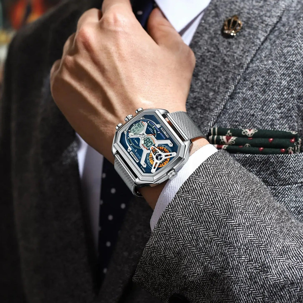 POEDAGAR Top Fashion Men Clock Rectangle Waterproof Date Week LED Man Watch Electronic Mesh Stainless Steel Quartz Men's Watches Good Vibrations