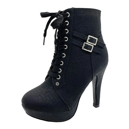 Women's Boots High Heels New 2025 Autumn Cross-tied Fashion Belt Buckle Height Increased By 6-8cm Round Toe Strap Women's Boots Good Vibrations