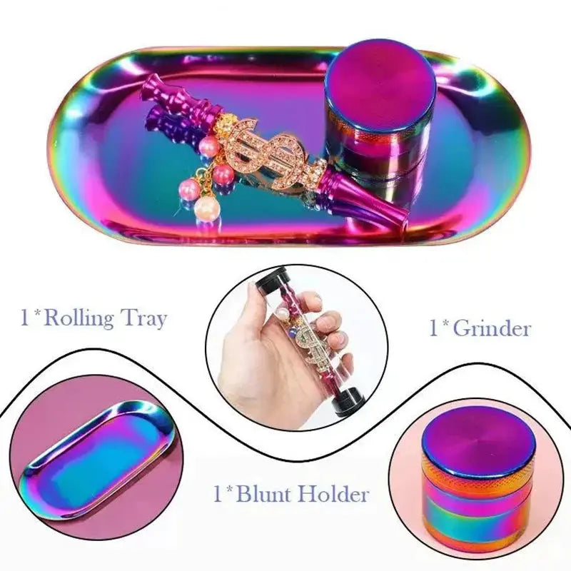 Colorful tobacco kit with metal rolling tray, spice grinder, and blunt holder.