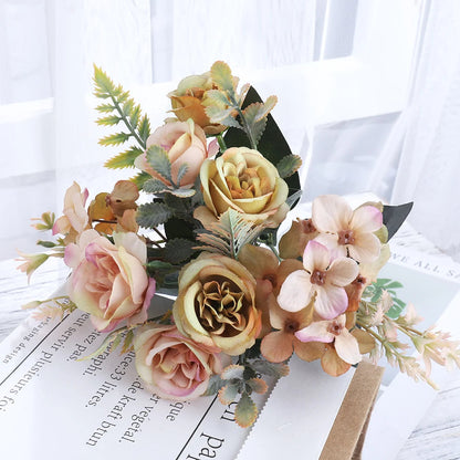 Beautiful Roses Autumn Artificial Flowers Silk Peony Hydrangea Big Bride Bouquet Wedding Home Party DIY Decoration Fake Flowers Good Vibrations