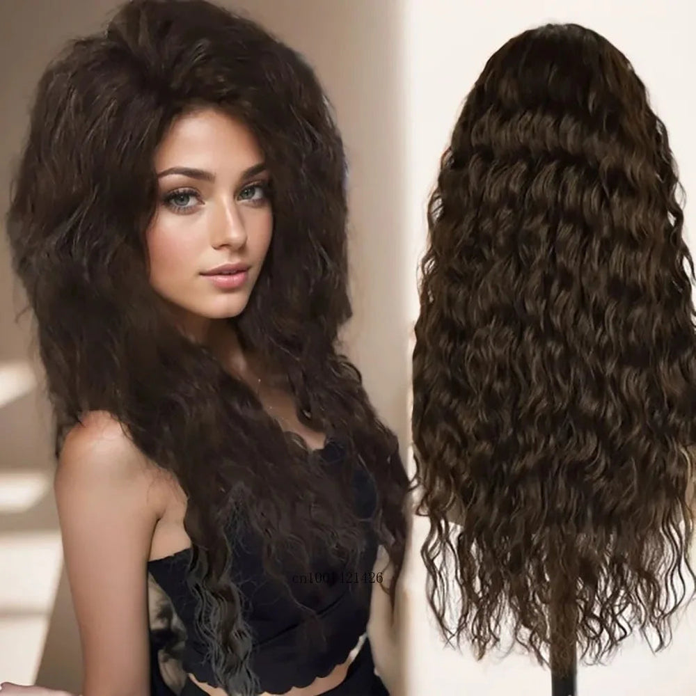 GNIMEGIL Synthetic Long Wave Cur Wigs Female Natural Brown Wig with Clip Free Part Side Bangs 80s Curly Wigs for Women Ombre Wig Good Vibrations