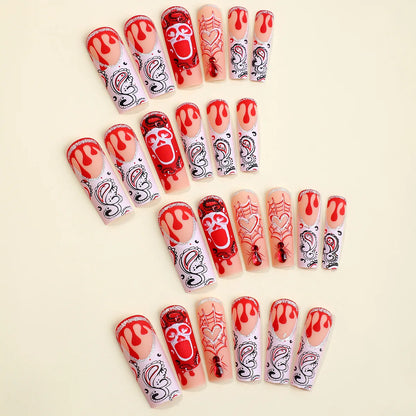 Scary Blood Skull Fake Nails Long Coffin Ballet Halloween Style False Nails 24pcs Wearable Press on Nail tips for Halloween Gift Good Vibrations