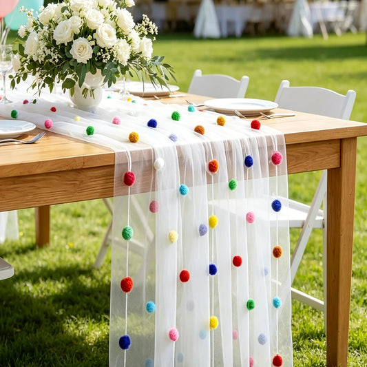 Cute Party Tablecloth with 3D velvet pom-poms & confetti tulle runner. Colored polka dot mesh. Rainbow decor for birthdays ﻿ ﻿ Good Vibrations