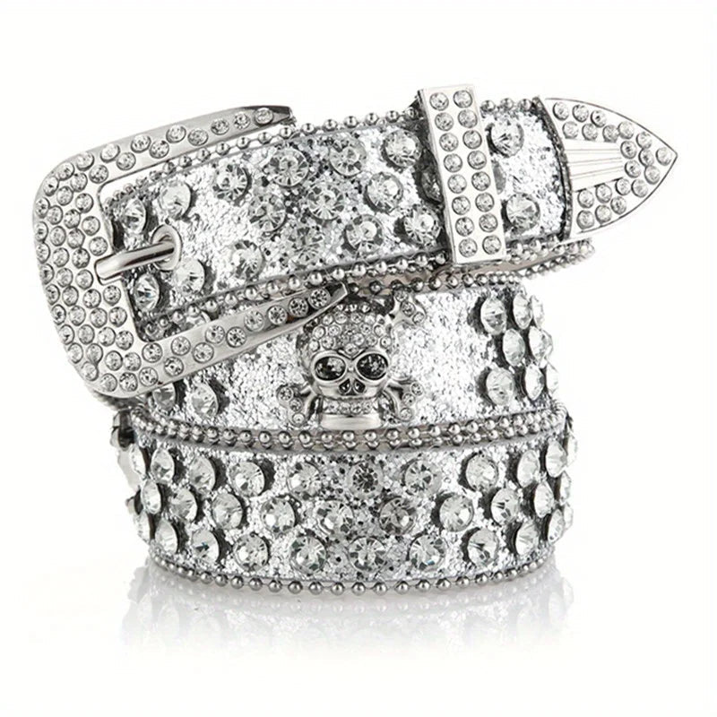 Glamorous Rhinestone Skull Rivet Belt - Perfect for Jeans & Western Outfits! Good Vibrations