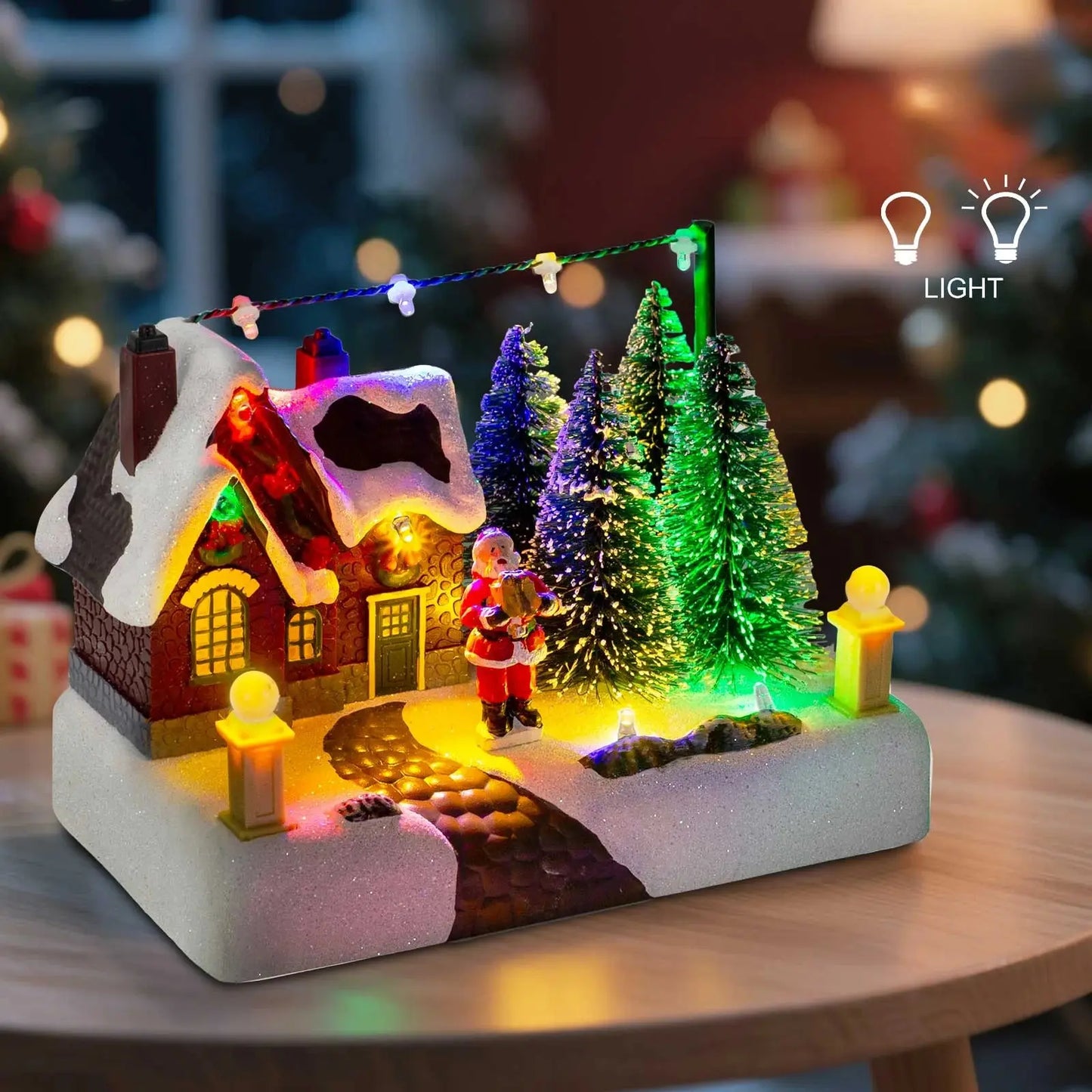 Christmas Village Scene Collectible Building with Lights Trees Santa Claus Snow Town Landscape Decor Holiday Home Desk Fireplace Good Vibrations