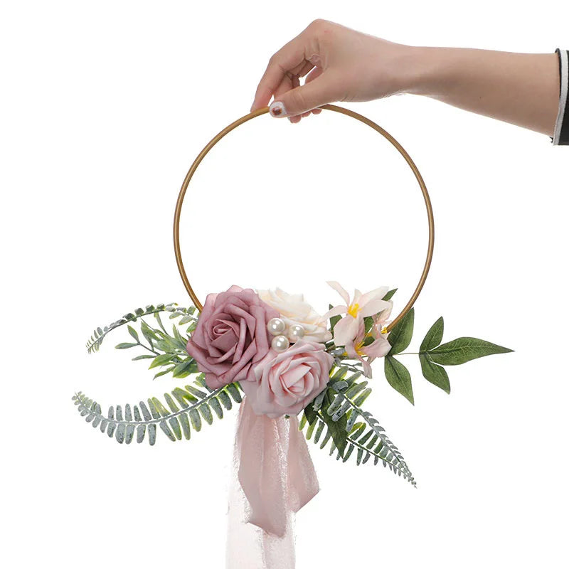 YeeNanee Wedding Gold Hoop Bouquet for Bridesmaids Floral Rose Eucalytpus Metal Ring Wreath Bridal Shower Ceremony Decoration Good Vibrations