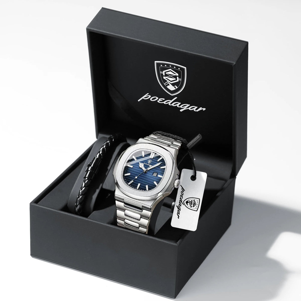 POEDAGAR Top Classic Men Wristwatch Waterproof Luminous Date Square Watch For Man Stainless Steel Sport Men's Quartz Watches+Box Good Vibrations