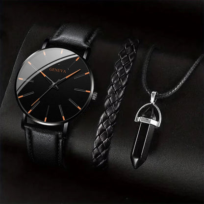 3PCS/Set Men Business Watches Casual Leather Band Analog Male's Quartz Watch Necklace Bracelet Set Good Vibrations