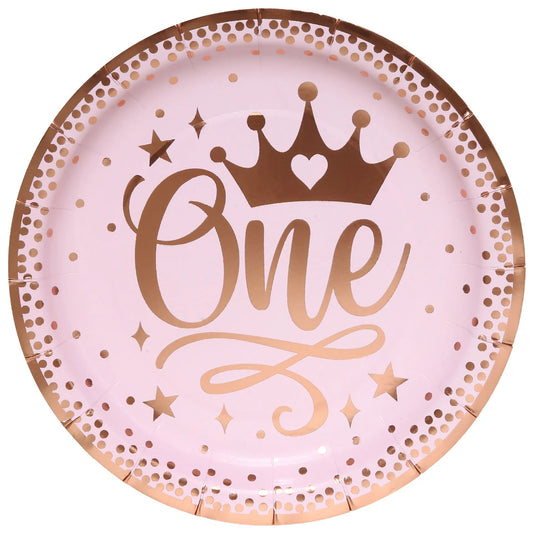 8Guests Pink One Year Old Birthday Disposable Tableware Crown Plates Cups Napkins Girls Princess Happy One 1st Birthday Party Good Vibrations