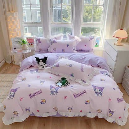 Sanrio Kids Bedding Set Kuromi Cinnamoroll Mymelody Duvet Cover Bed Sheet Pillowcase Bedsheet Double Single King Queen Twin Size Good Vibrations
