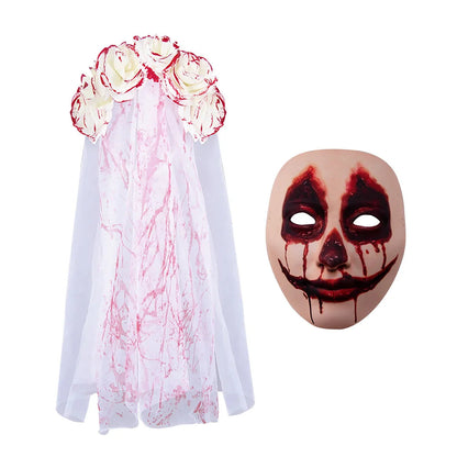 Halloween Gothic Bridal Veil Flower Headdress Bloody Mask Weird Role Playing Accessories Adult Horror Theme Party Costume Props Good Vibrations
