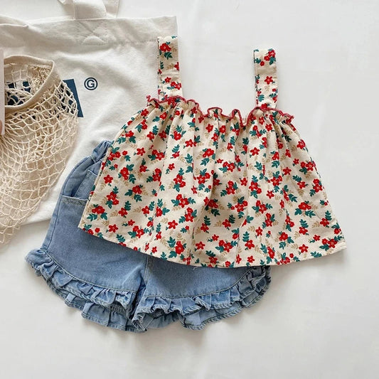 Girls Outfit Sets Summer Kids Casual Clothing For Girls Fragmented Suspender Skirt+Shorts Children's Baby Girl Clothing Good Vibrations