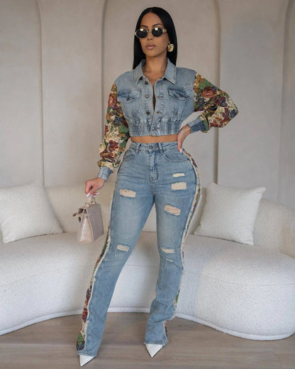 Jeans Suit Women Denim Two Piece Set Short Coat Pants Outfits Hole Trousers Flower Print Turn Down Collar Autumn 2025 Y2k Good Vibrations