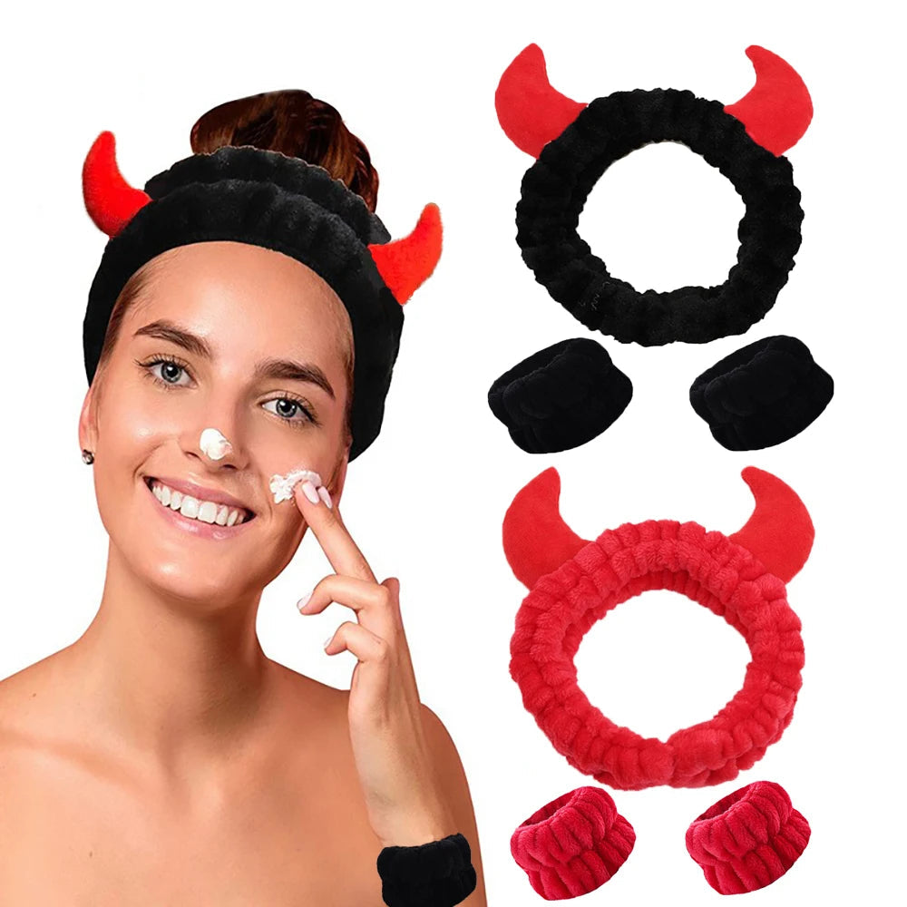 Demon Design Headband And Wristbands Set, Flannel Coral Hair Band Wristbands, Makeup Spa Face Wash Hair Accessories Good Vibrations