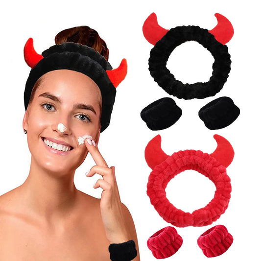 Demon Design Headband And Wristbands Set, Flannel Coral Hair Band Wristbands, Makeup Spa Face Wash Hair Accessories Good Vibrations