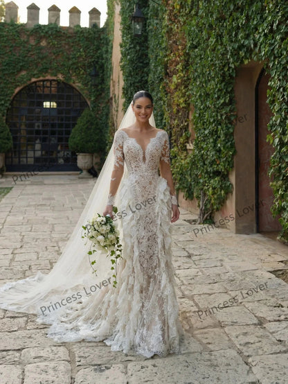 Mermaid Wedding Dresses Long Sleeves Lace Ruffles Luxury Bridal Gown Ivory robe de mariée Formal Wedding Dress Customized Good Vibrations