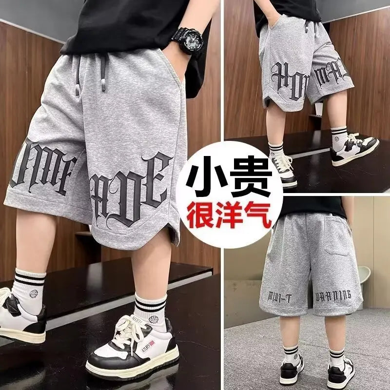 Loose Style Children Summer Shorts for Boy New Letter Print Short Pants Outdoor Casual Sports Shorts Korean Children's Clothing Good Vibrations