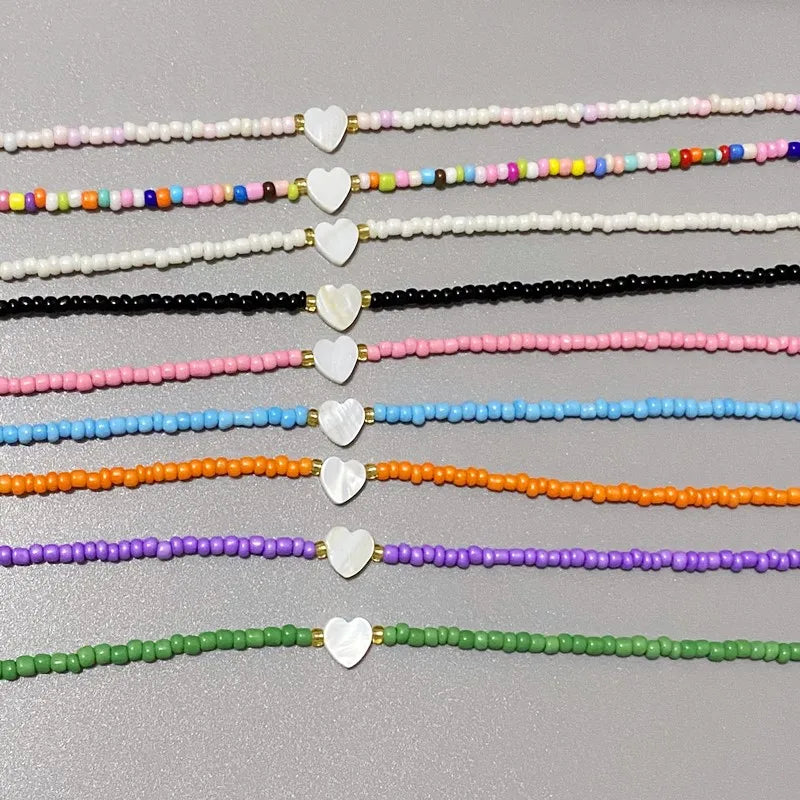 New Nature Shell Love Heart Choker Necklace for Girl Spring Summer Fashion Small Colorful Glass Beads Necklace Gift for Friend Good Vibrations