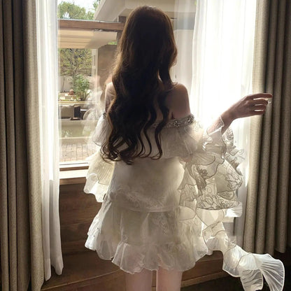Vintage Sets Women Casual Y2k Crop Top Blouse + Mini Skirts Elegant 2 Piece Sets Female Korean Fashion Evening Party Outfits Good Vibrations