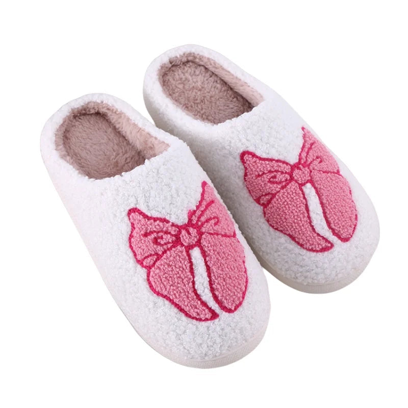 Women's Lovely Pretty Bow Flowers Slippers Men Cartoon Soft Warm Sandals Females Cute Plush Cotton Flat Slides For Autumn Winter Good Vibrations