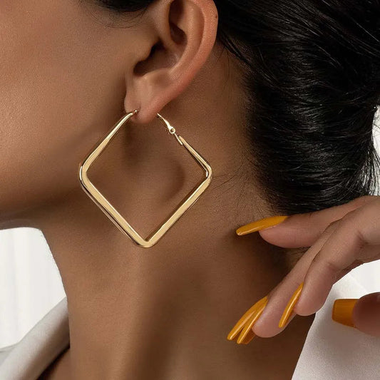 2026 Fashion Gold Color Big Square Hoop Earrings For Women Exaggerated Metal Geometric Irregular Circle Earrings Jewelry Good Vibrations