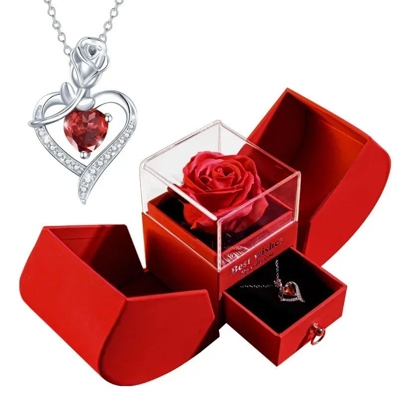 Gift for Women Eternal Rose Gift Box /w Heart Necklace I Love You To The Moon and Back Flower Jewelry Box for Wedding Birthday Good Vibrations