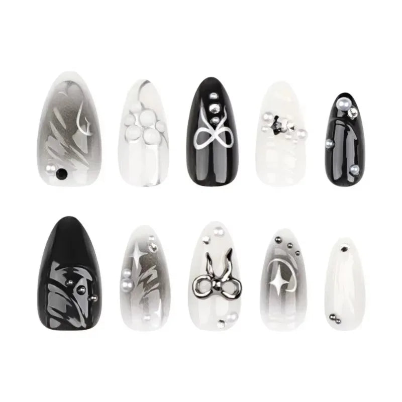 24Pcs False Nails Spicy Girl Silver Bow with Diamond Fake Nails with Glue Almond Press on Nails Black Cool Y2k Almond Nail Set Good Vibrations